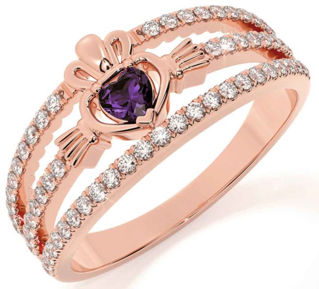 Diamond Alexandrite Rose Gold Silver Claddagh Ring