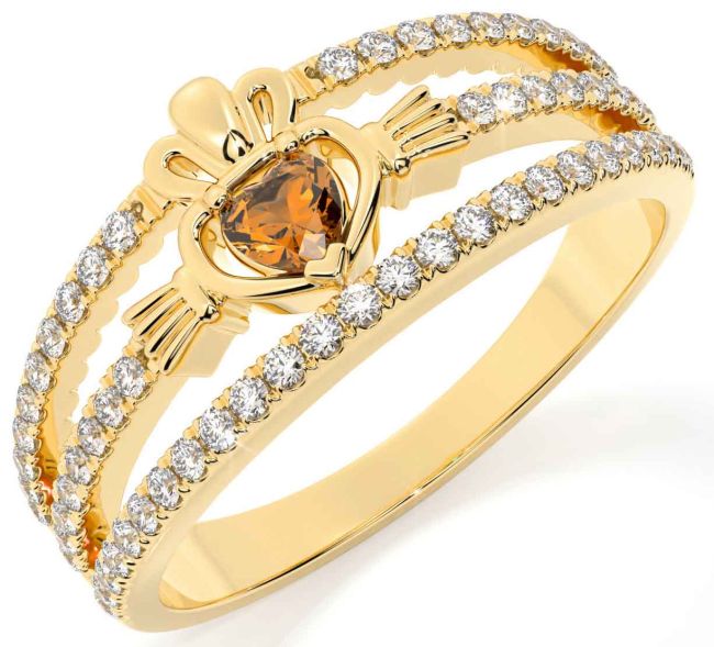 Diamond Citrine Gold Silver Claddagh Ring