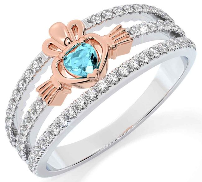 Diamond Aquamarine Rose Gold Silver Claddagh Ring