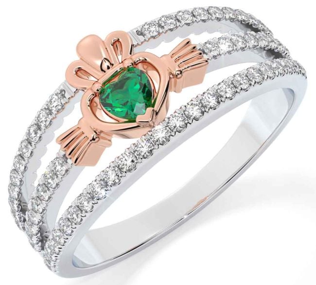 Diamond Emerald Rose Gold Silver Claddagh Ring