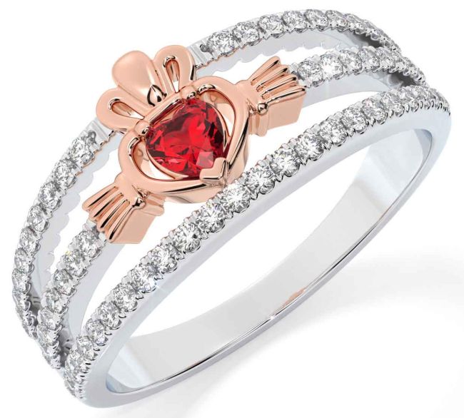Diamond Ruby Rose Gold Silver Claddagh Ring