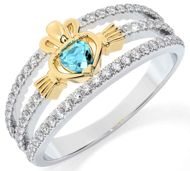 Diamond Aquamarine Gold Silver Claddagh Ring