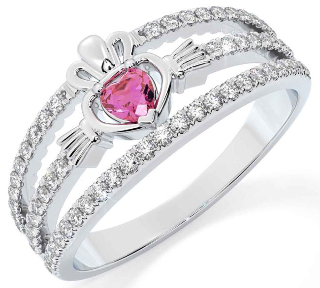 Diamond Pink Tourmaline White Gold Claddagh Ring