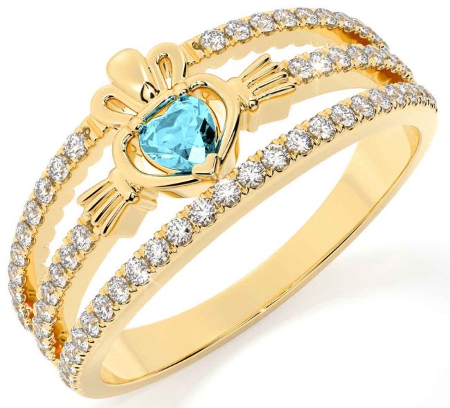 Diamond Aquamarine Gold Claddagh Ring