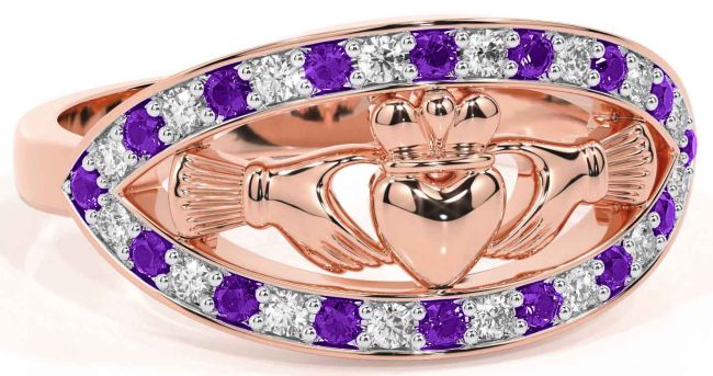 Diamond Amethyst Rose Gold Silver Claddagh Ring