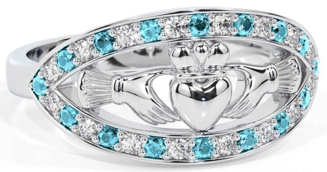Diamond Aquamarine Silver Claddagh Ring