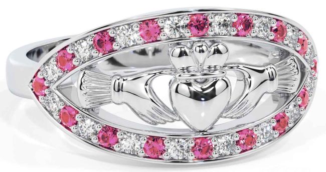 Diamond Pink Tourmaline White Gold Claddagh Ring