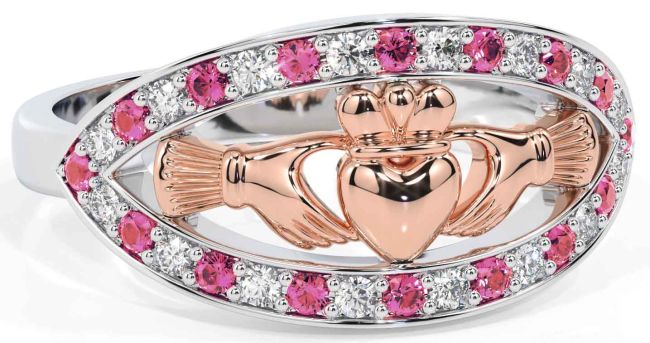 Diamond Pink Tourmaline White Rose Gold Claddagh Ring