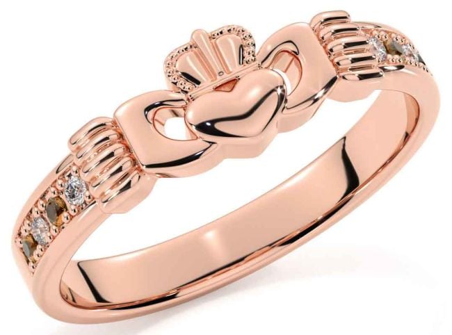 Diamond Citrine Rose Gold Silver Claddagh Ring