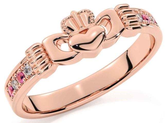 Diamond Pink Tourmaline Rose Gold Silver Claddagh Ring