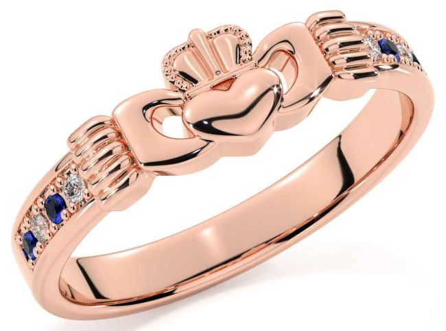 Diamond Sapphire Rose Gold Silver Claddagh Ring