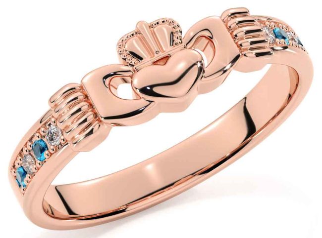 Diamond Topaz Rose Gold Silver Claddagh Ring