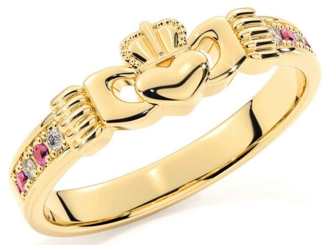 Diamond Pink Tourmaline Gold Silver Claddagh Ring