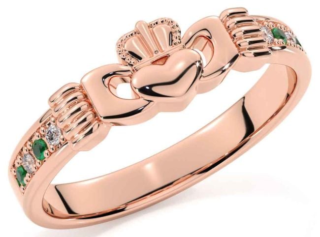 Diamond Emerald Rose Gold Claddagh Ring