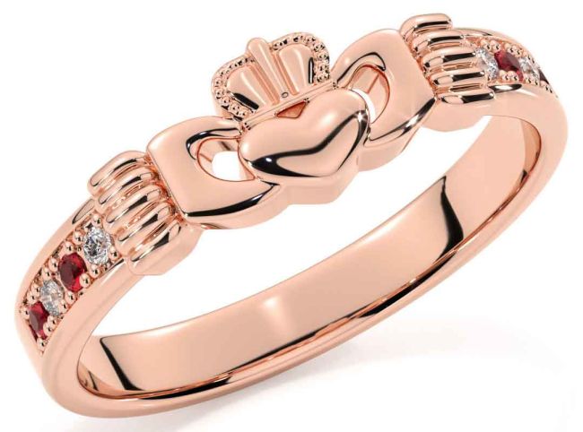 Diamond Ruby Rose Gold Claddagh Ring