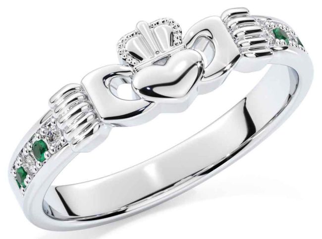 Diamond Emerald Silver Claddagh Ring
