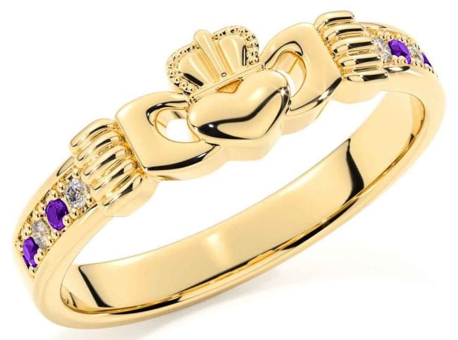 Diamond Amethyst Gold Claddagh Ring