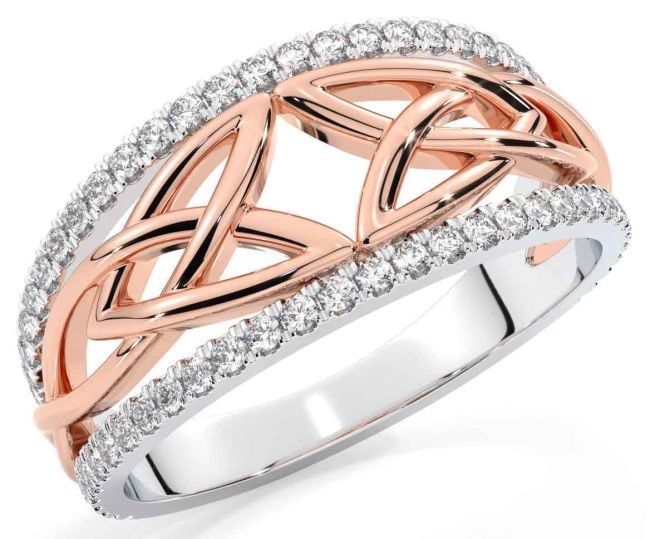 Diamond Rose Gold Silver Celtic Trinity Knot Ring