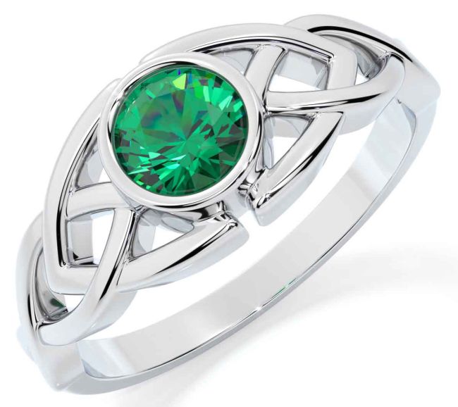 Emerald Silver Celtic Trinity Knot Ring