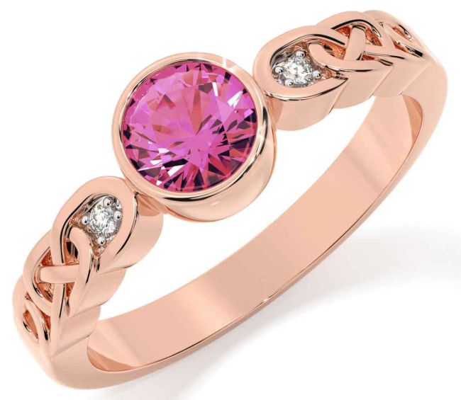 Diamond Pink Tourmaline Rose Gold Silver Celtic Trinity Knot Ring