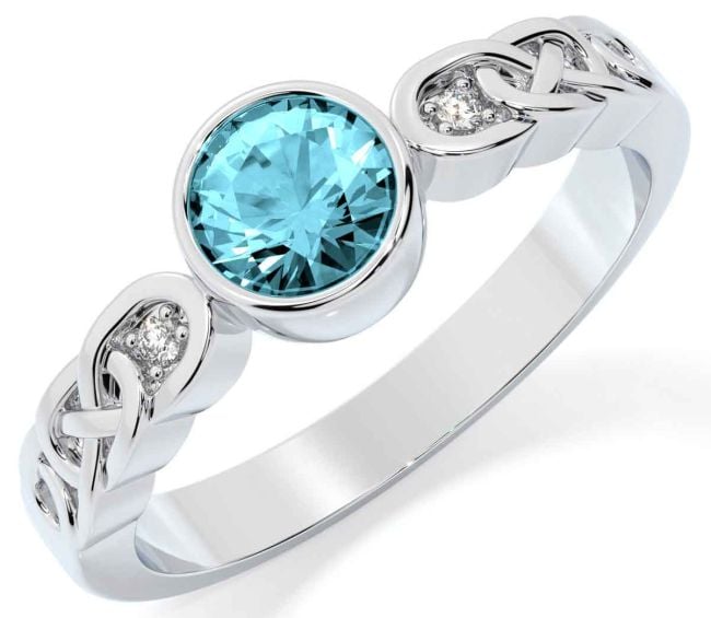 Diamond Aquamarine Silver Celtic Trinity Knot Ring