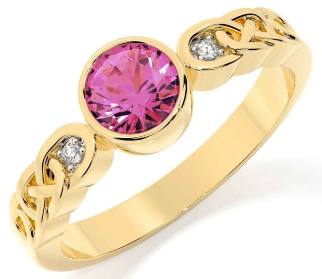 Diamond Pink Tourmaline Gold Celtic Trinity Knot Ring