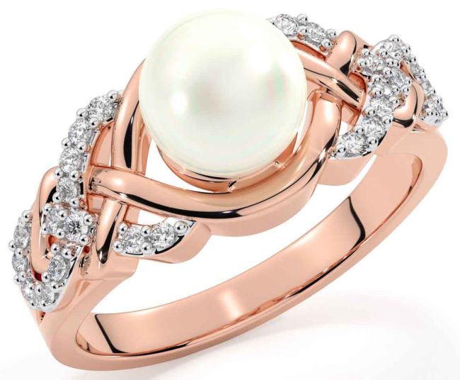 Diamond Pearl Rose Gold Silver Celtic Trinity Knot Ring