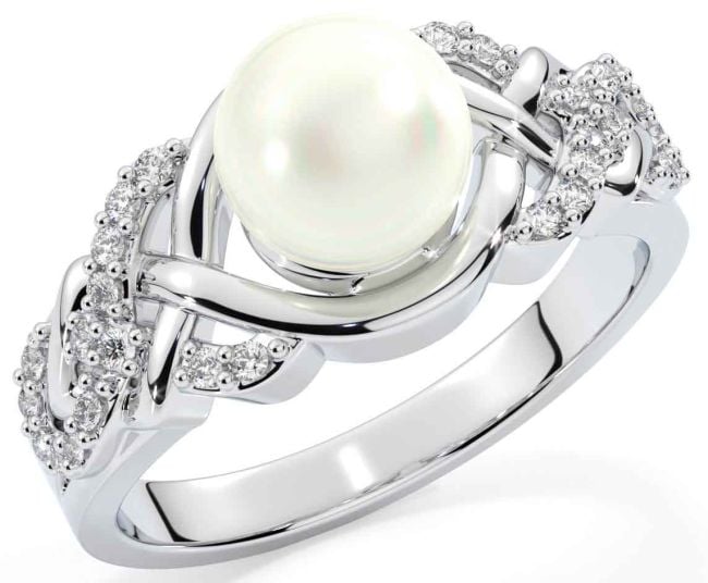 Diamond Pearl White Gold Celtic Trinity Knot Ring