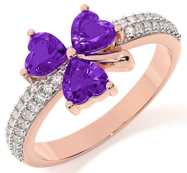 Diamond Amethyst Rose Gold Silver Shamrock Ring