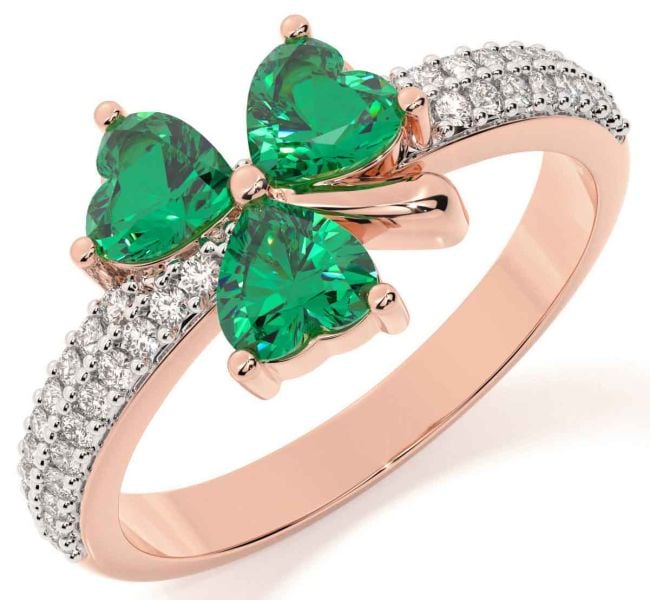 Diamond Emerald Rose Gold Silver Shamrock Ring