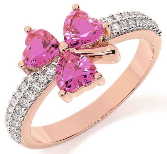 Diamond Pink Tourmaline Rose Gold Silver Shamrock Ring