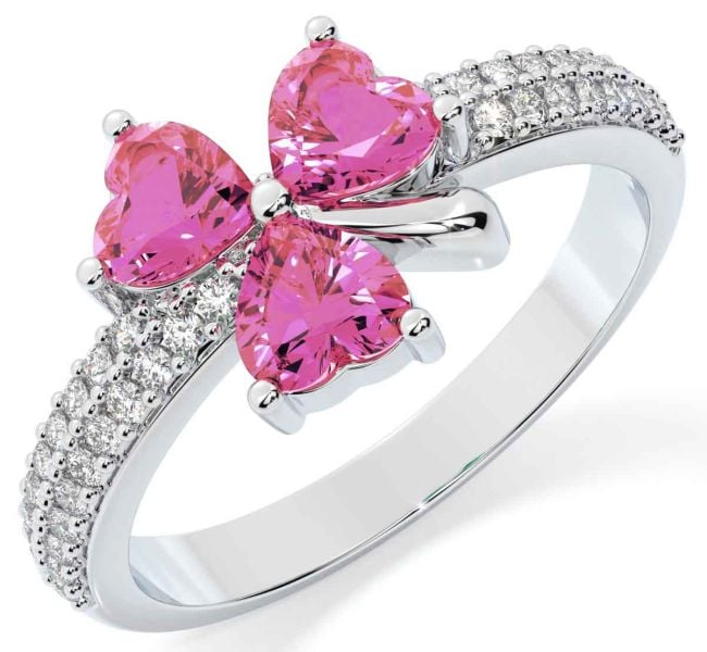 Diamant Rose Tourmalines Argent Trèfle Anneau