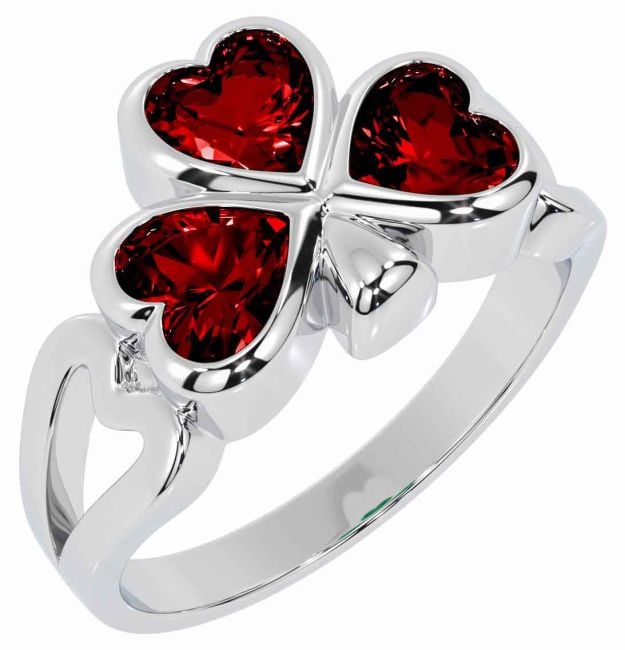 Men's Garnet Silver Shamrock Ring