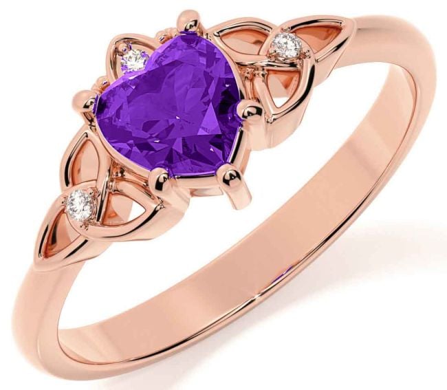 Diamond Amethyst Rose Gold Silver Claddagh Celtic Trinity Knot Ring