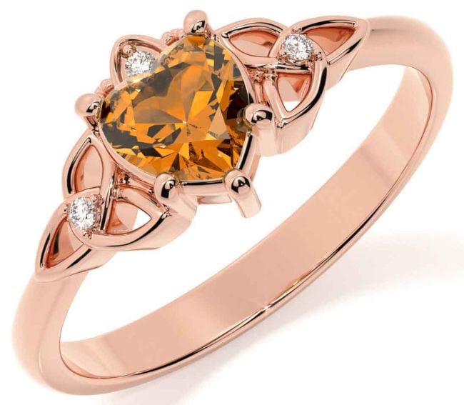 Diamond Citrine Rose Gold Silver Claddagh Celtic Trinity Knot Ring