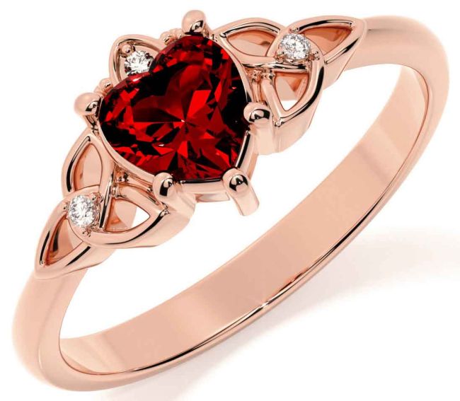 Diamond Garnet Rose Gold Silver Claddagh Celtic Trinity Knot Ring