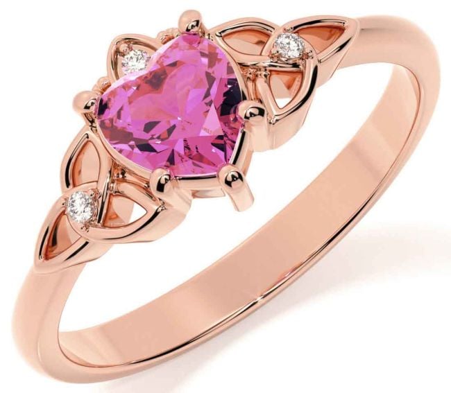 Diamond Pink Tourmaline Rose Gold Silver Claddagh Celtic Trinity Knot Ring