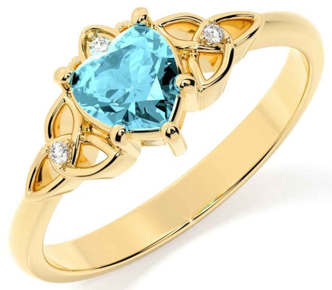 Diamond Aquamarine Gold Silver Claddagh Celtic Trinity Knot Ring