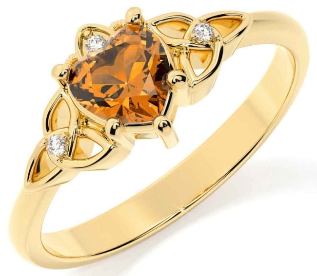 Diamond Citrine Gold Silver Claddagh Celtic Trinity Knot Ring