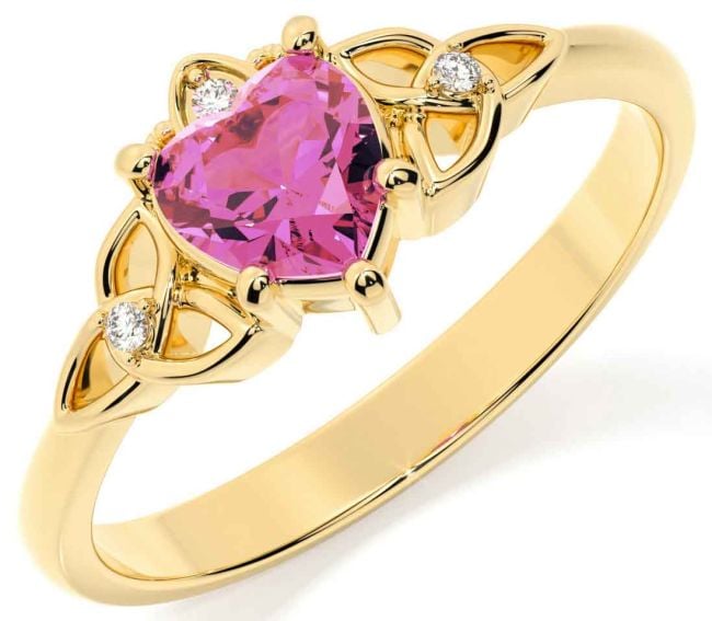 Diamond Pink Tourmaline Gold Silver Claddagh Celtic Trinity Knot Ring