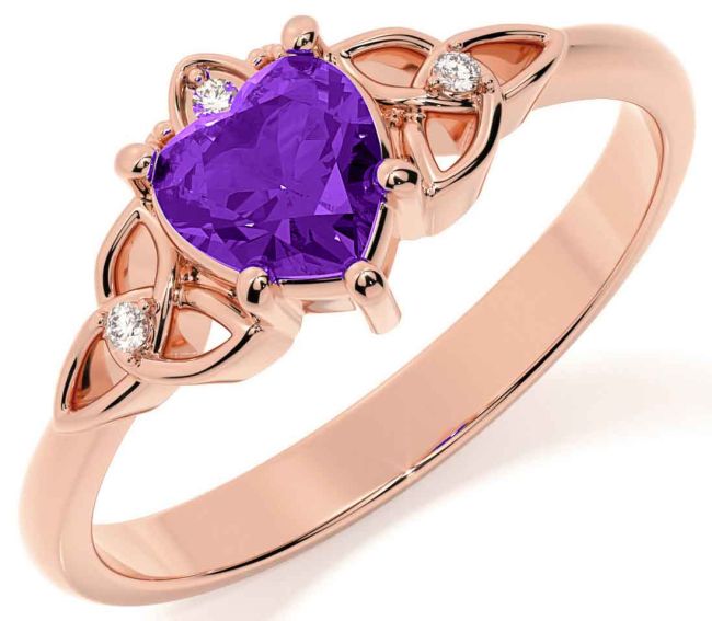 Diamond Amethyst Rose Gold Claddagh Celtic Trinity Knot Ring