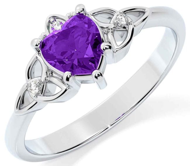 Diamond Amethyst Silver Claddagh Celtic Trinity Knot Ring