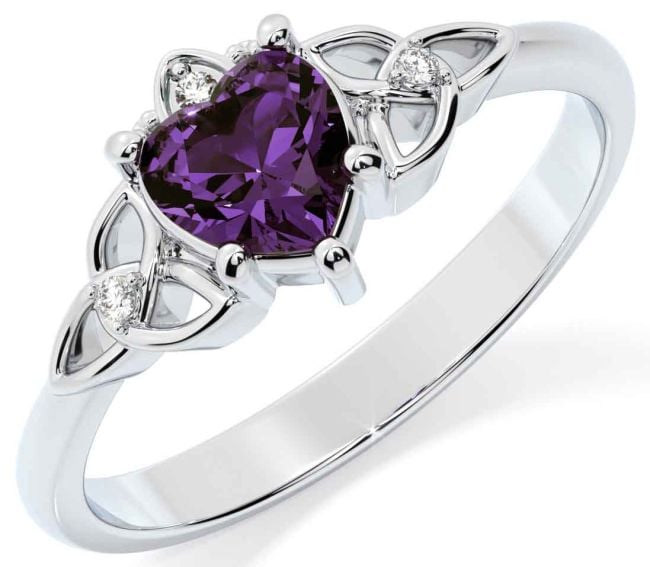 Diamond Alexandrite Silver Claddagh Celtic Trinity Knot Ring