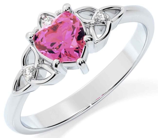 Diamond Pink Tourmaline White Gold Claddagh Celtic Trinity Knot Ring