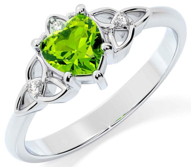 Diamant Peridot Bílý Zlato Claddaghová keltský Trojice Uzel Prsten