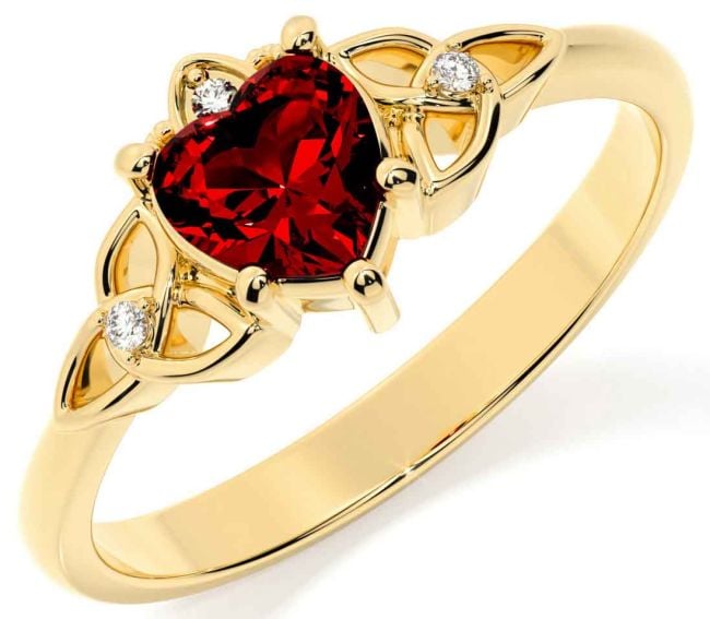 Diamond Garnet Gold Claddagh Celtic Trinity Knot Ring