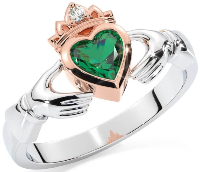 Diamond Emerald Rose Gold Silver Claddagh Ring