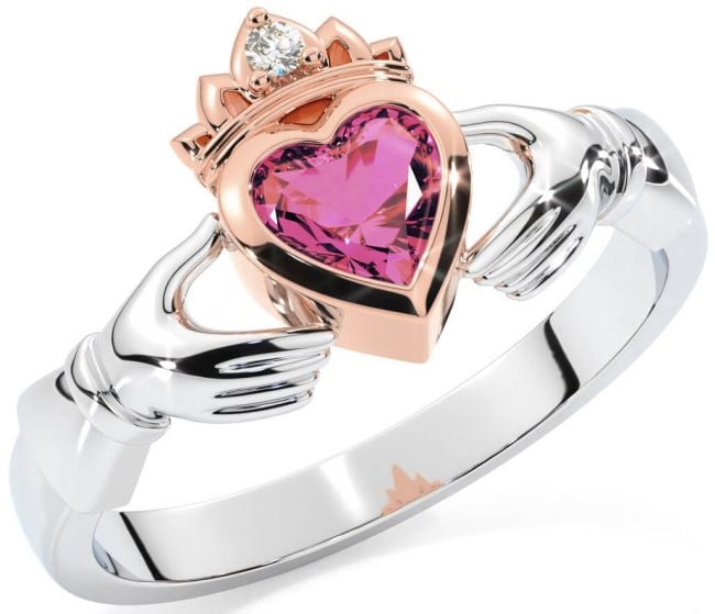 Diamond Pink Tourmaline Rose Gold Silver Claddagh Ring