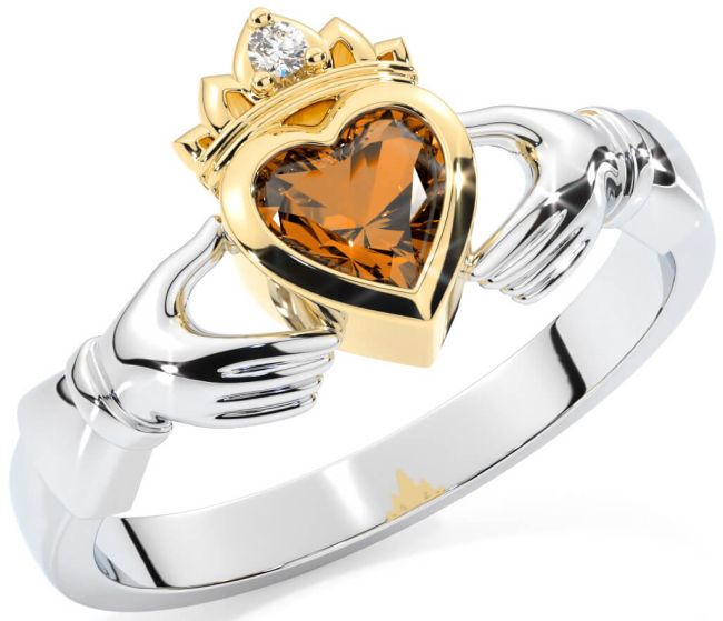 Diamond Citrine Gold Silver Claddagh Ring