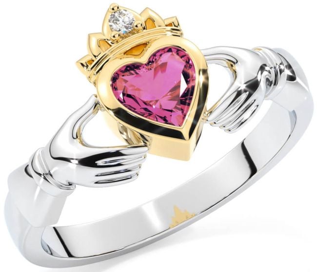 Diamond Pink Tourmaline Gold Silver Claddagh Ring